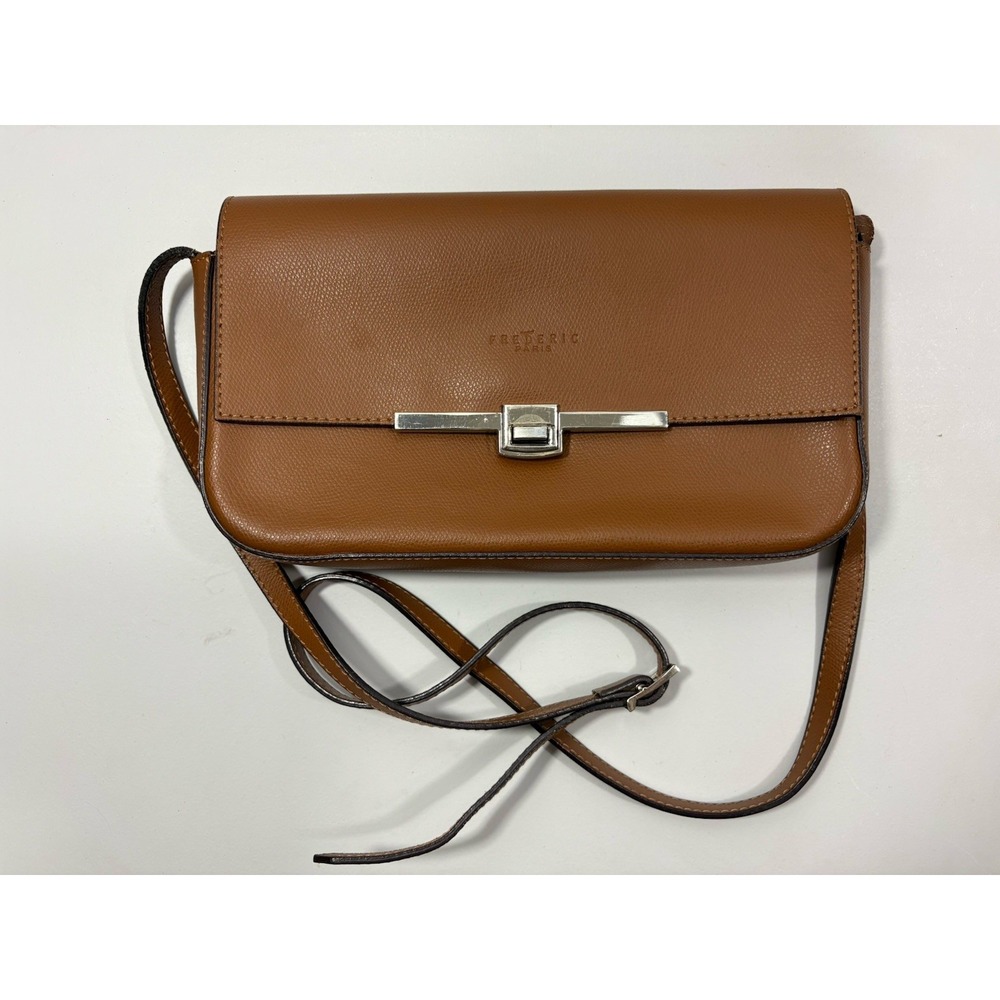 Frederic T Paris Cognac Brown Pebbled Leather T-Bar Clasp Flap Crossbody Bag